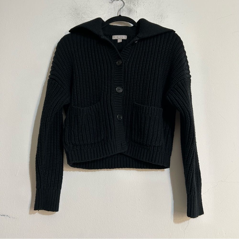 J. Crew Collared Crewneck Cardigan Sweater Chunky Knit Black XS Fisherman Fall